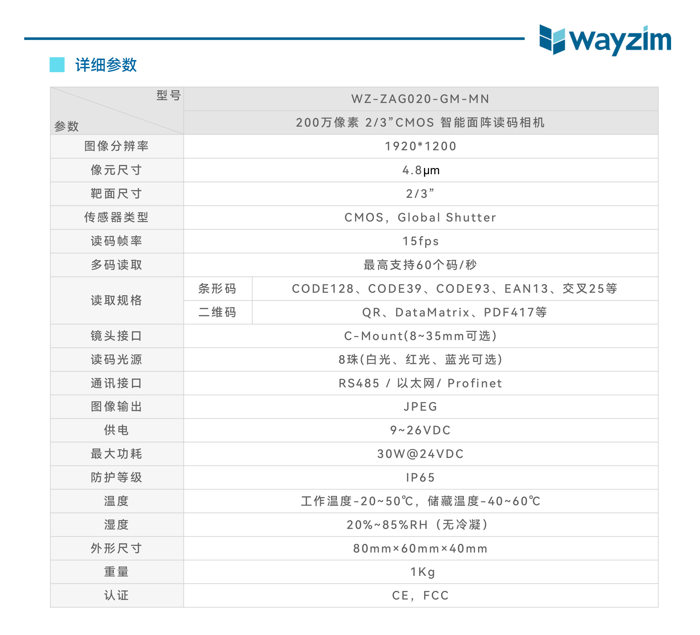 智能读码丨中科微至（wayzim）WZ-ZAG020-GM-MN 智能面阵读码相机-捷利得(北京)自动化科技有限公司