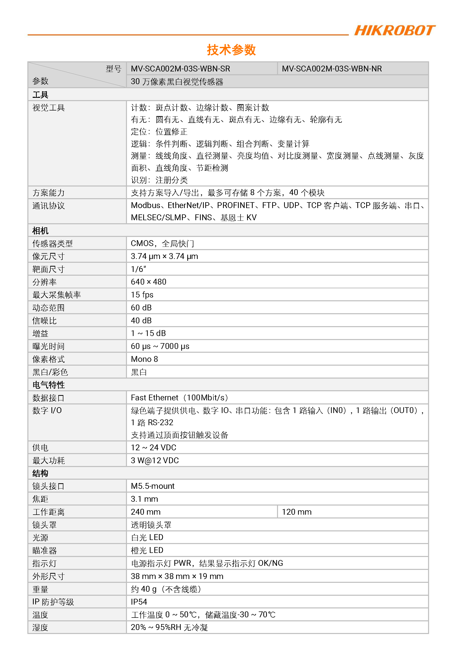 视觉传感器丨海康机器人MV-SCA002M 30万像素黑白视觉传感器插图6